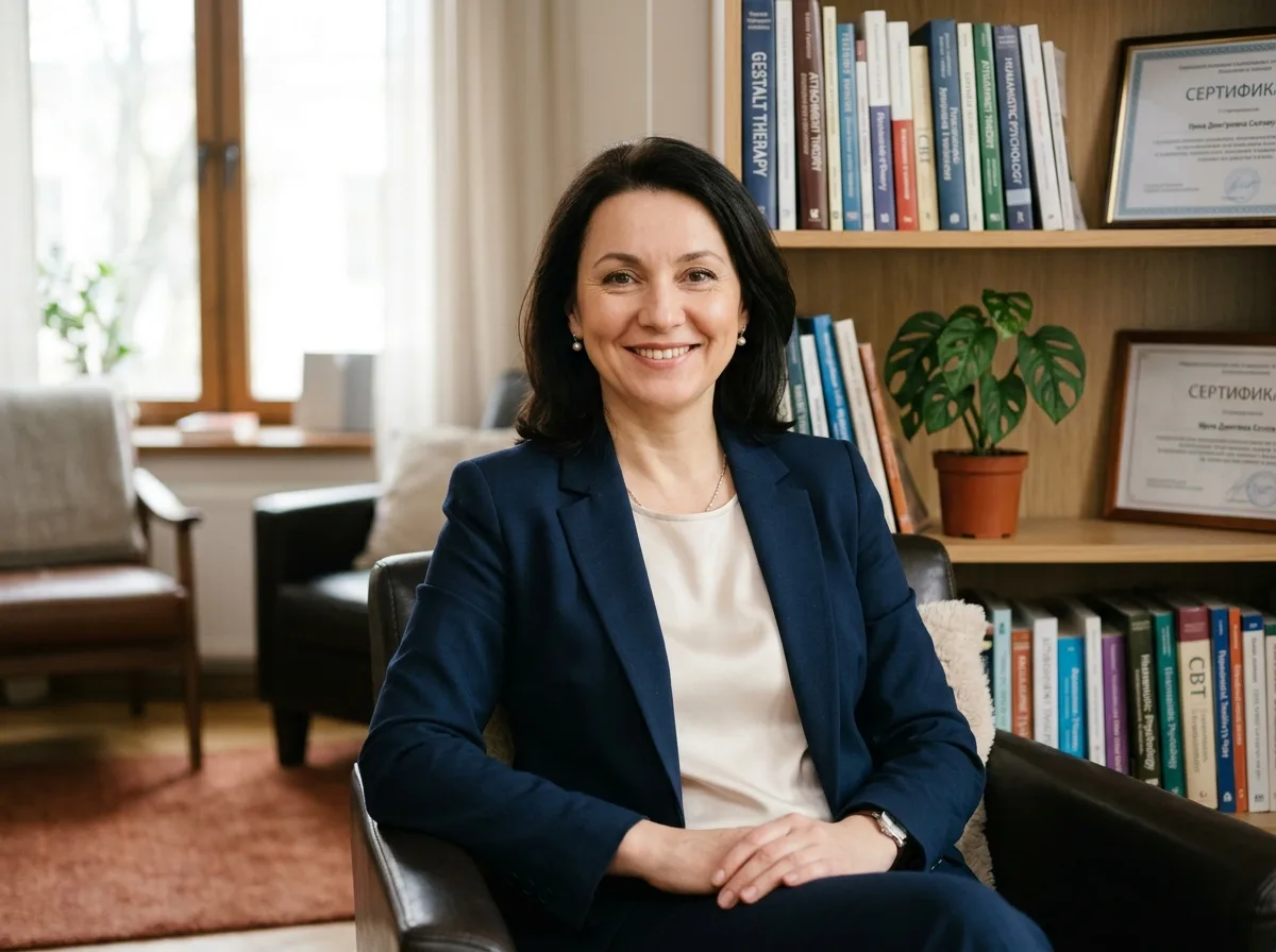 Врач-психотерапевт Ирина Дмитриевна Соловьёва, женщина в деловой одежде, профессиональный портрет, доброжелательная улыбка