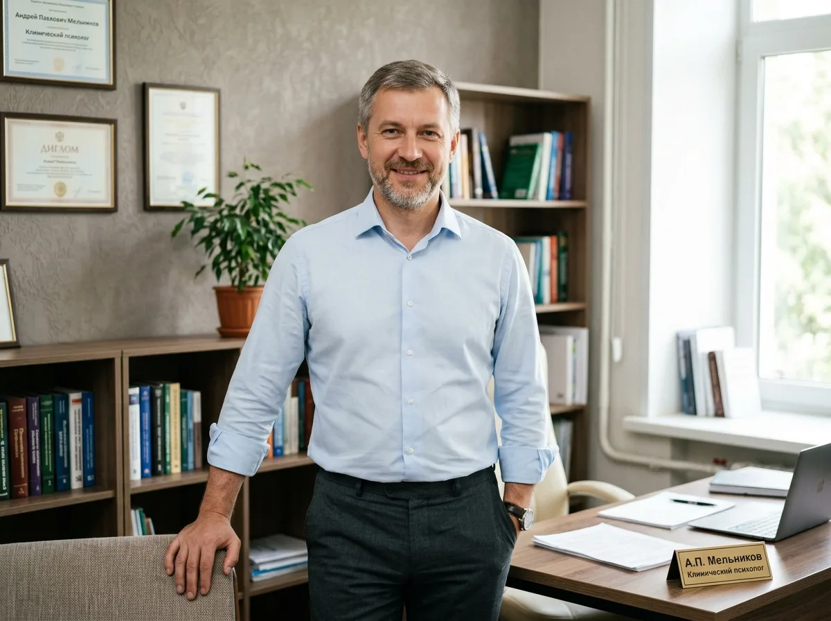 Клинический психолог Андрей Павлович Мельников, мужчина средних лет в деловой рубашке, профессиональный уверенный вид