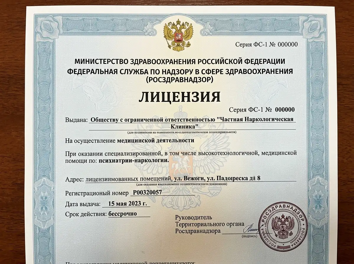 Лицензия на медицинскую деятельность Росздравнадзора, официальный документ на осуществление наркологической помощи, государственный бланк
